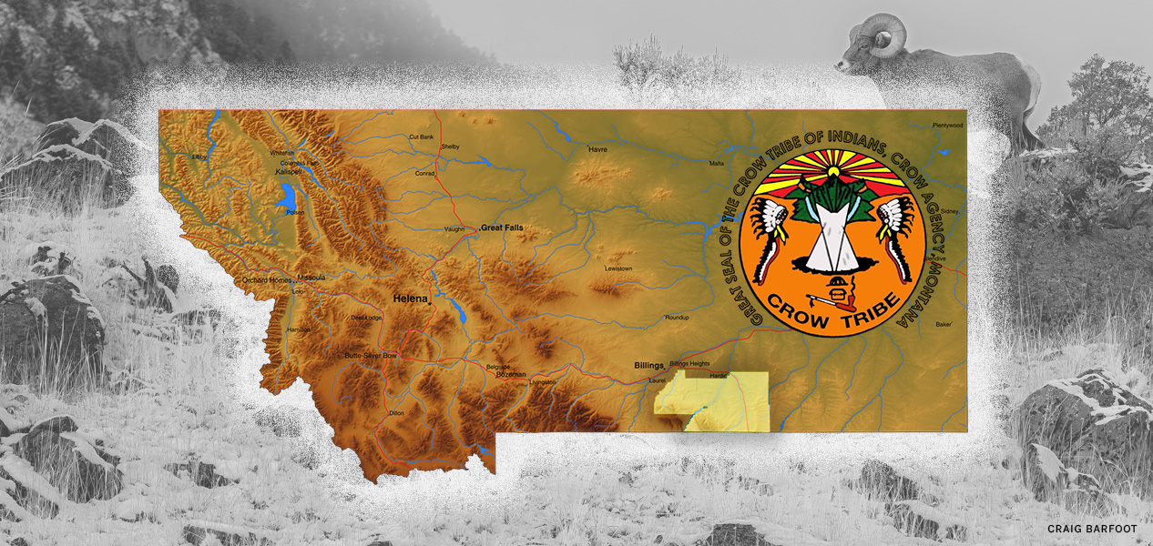 Map of Montana with Crow Tribe and a bighorn sheep in the background