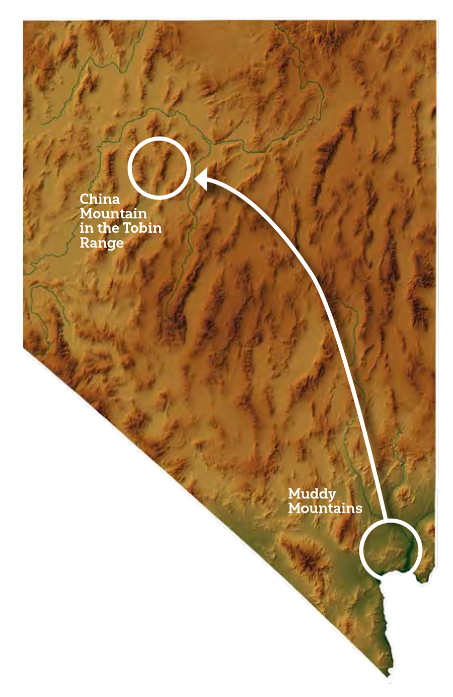 Translocation map from Muddy Mountains north to the China Mountain in Nevada