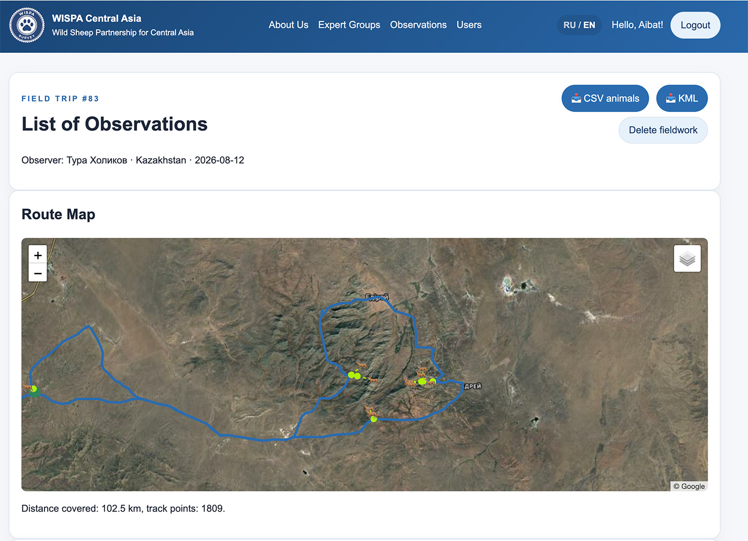 WISPA-CA Survey Trip Map