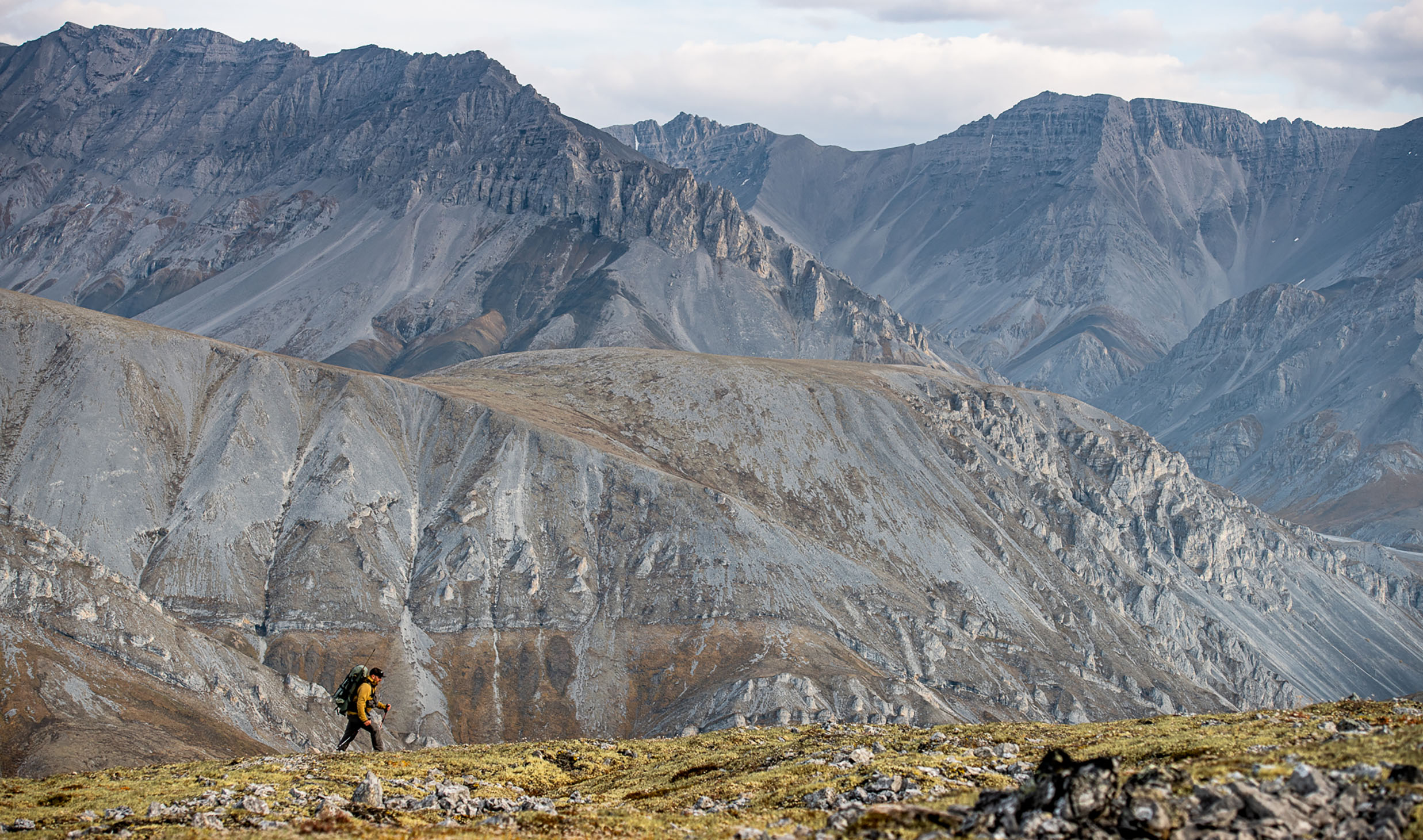 Hunter hiking at high elevation